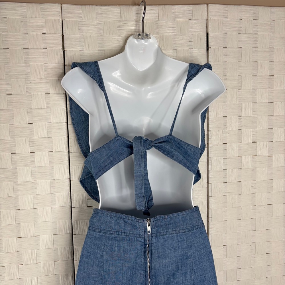 Top Shop Jumpsuit Women Size 6 Blue Chambray Ruffle Open Back Wide Leg Cutout - Picture 7 of 10